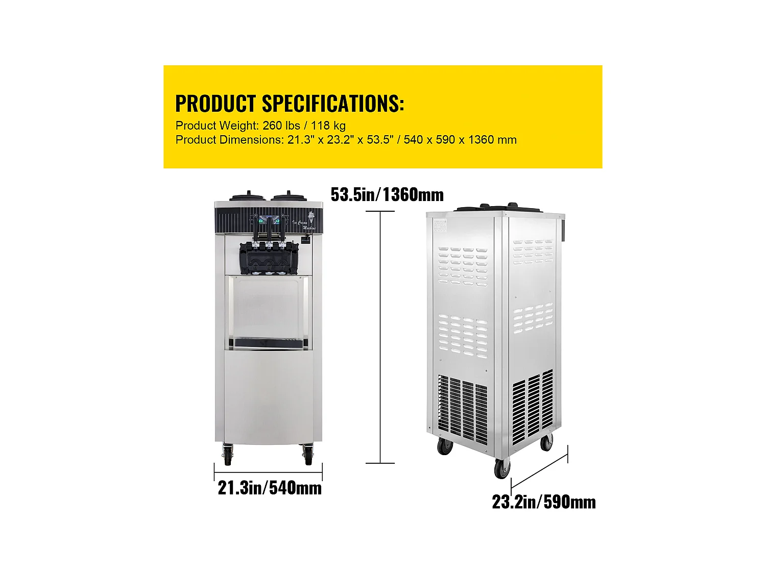 Sorbetière SucceBuy Machine à Crème Glacée Molle Commerciale 2200 W 2 + 1 Saveurs Debout