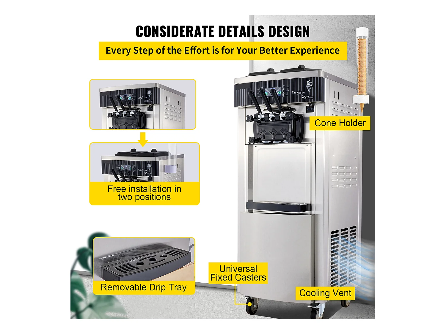 Sorbetière SucceBuy Machine à Crème Glacée Molle Commerciale 2200 W 2 + 1 Saveurs Debout