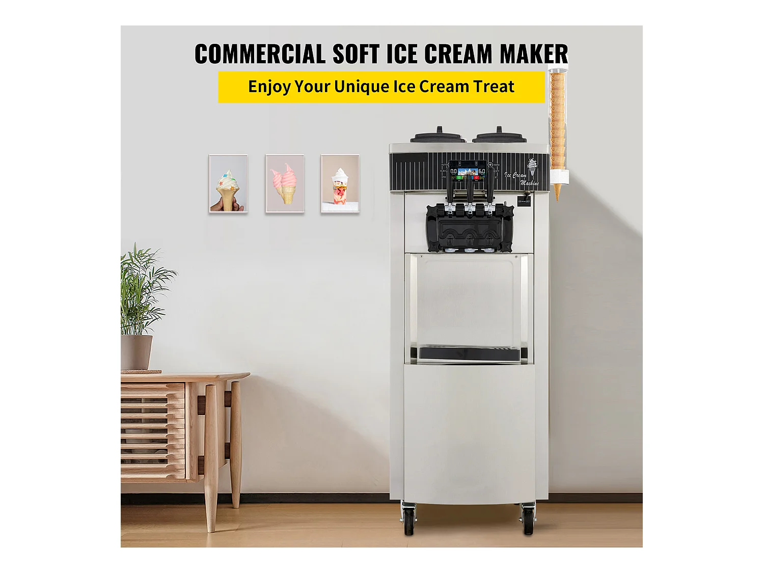 Sorbetière SucceBuy Machine à Crème Glacée Molle Commerciale 2200 W 2 + 1 Saveurs Debout