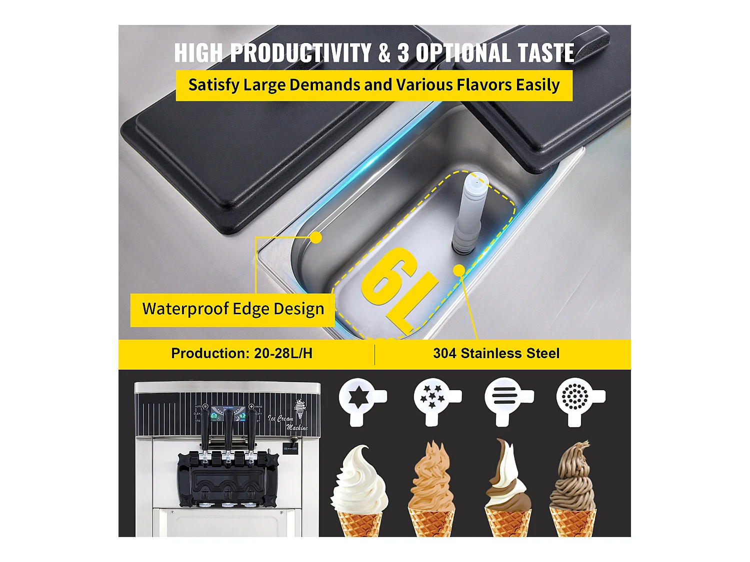 Sorbetière SucceBuy Machine à Crème Glacée Molle Commerciale 2200 W 2 + 1 Saveurs Debout