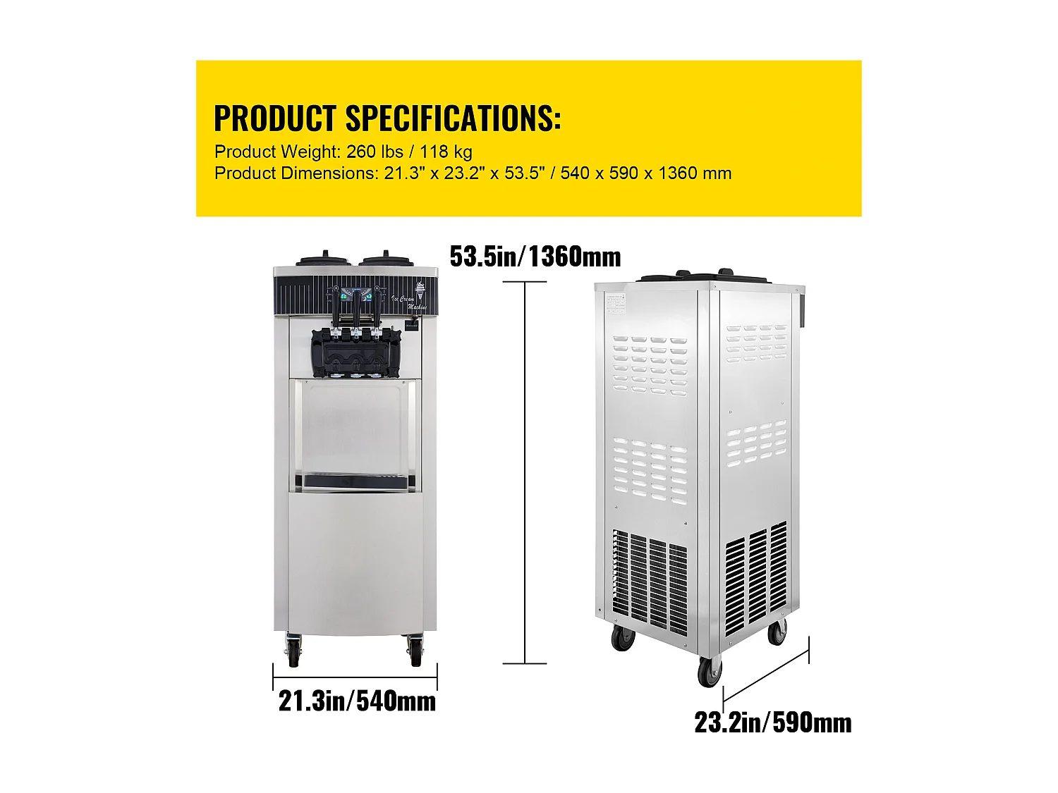 Sorbetière SucceBuy Machine à Crème Glacée Molle Commerciale 2200 W 2 + 1 Saveurs Debout