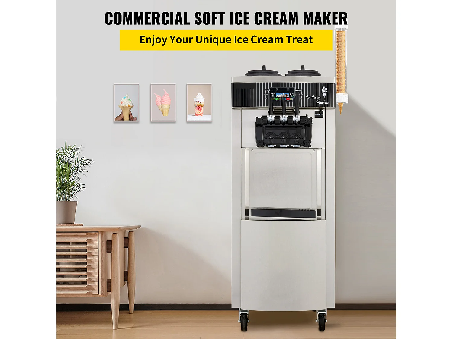 Sorbetière SucceBuy Machine à Crème Glacée Molle Commerciale 2200 W 2 + 1 Saveurs Debout