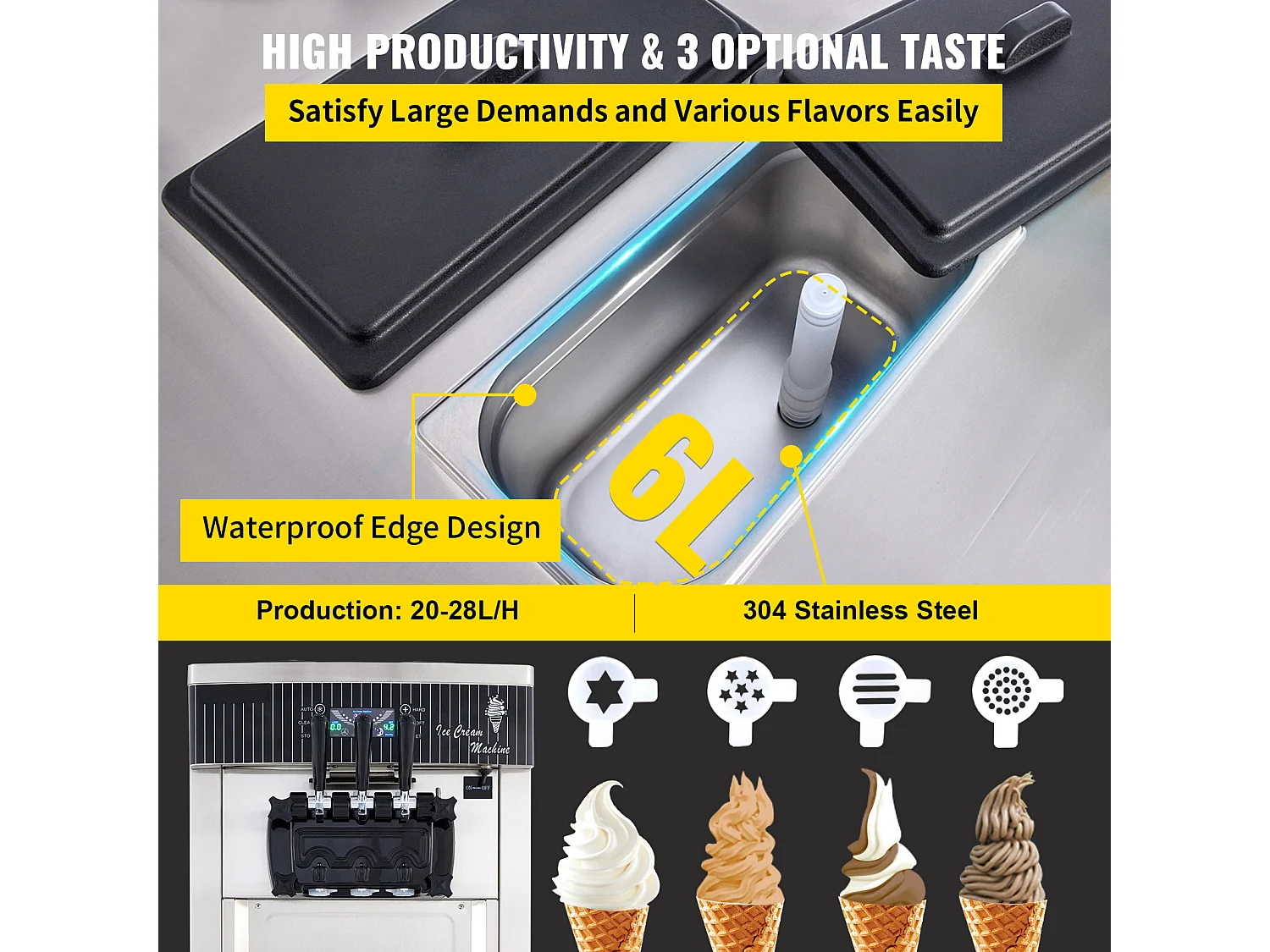 Sorbetière SucceBuy Machine à Crème Glacée Molle Commerciale 2200 W 2 + 1 Saveurs Debout