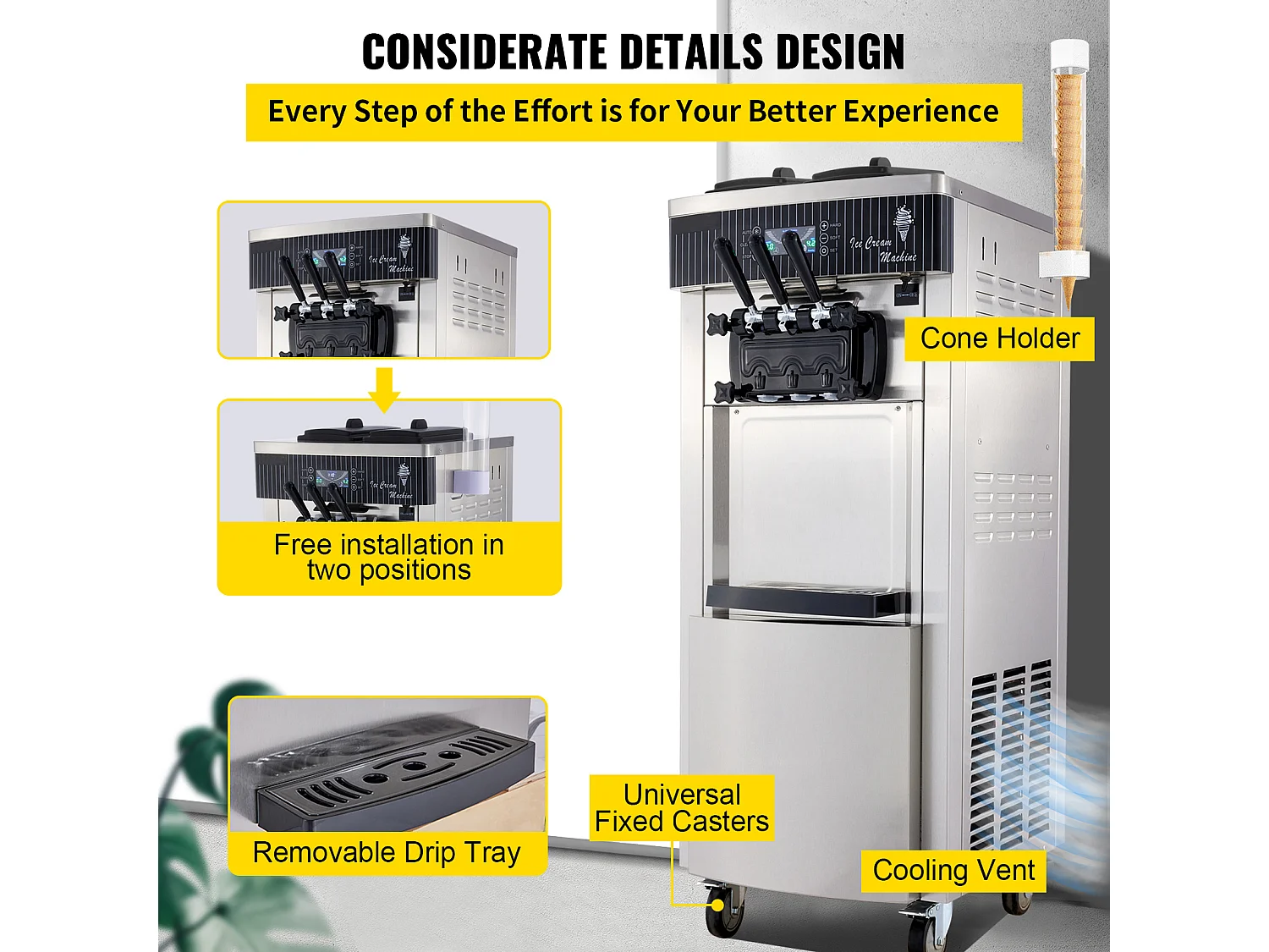 Sorbetière SucceBuy Machine à Crème Glacée Molle Commerciale 2200 W 2 + 1 Saveurs Debout