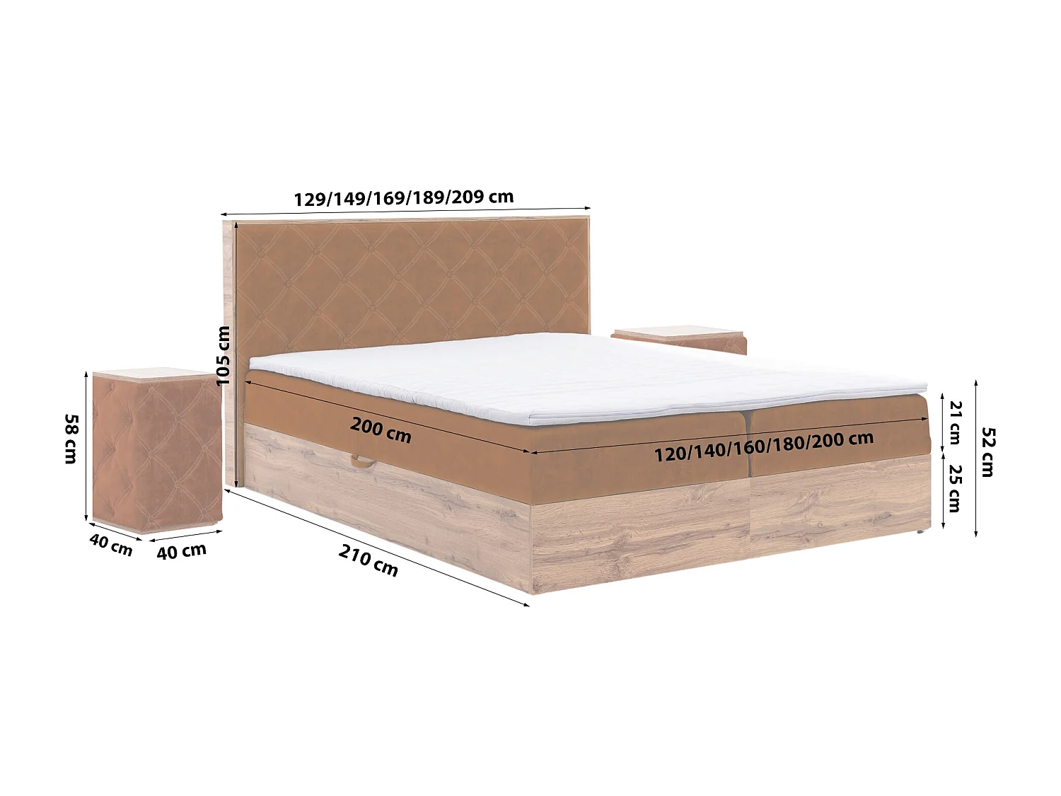 LIT BOXSPRING avec tables de chevet Werdum Set 200x200 cm, Brique (Torre 8)