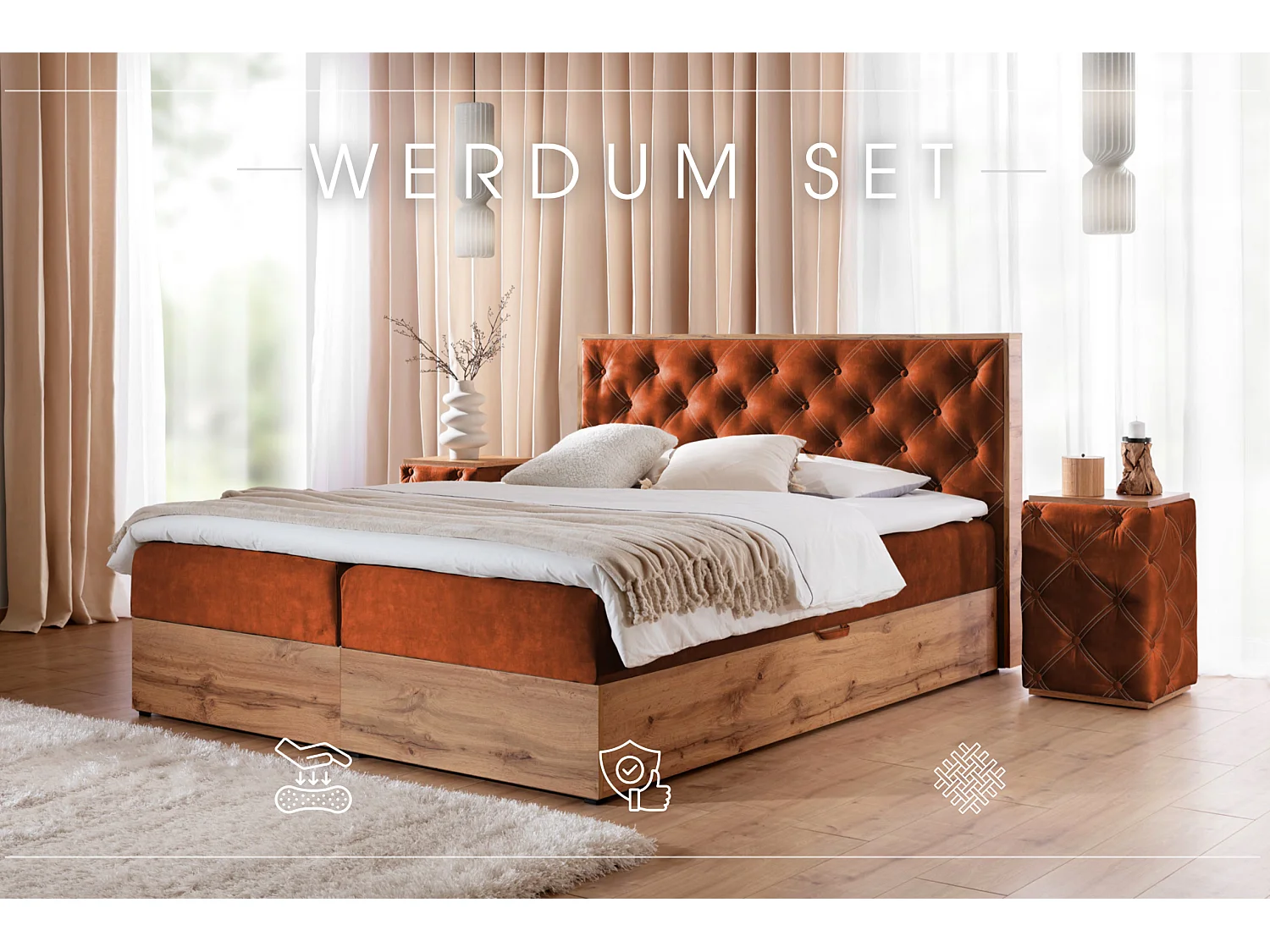 LIT BOXSPRING avec tables de chevet Werdum Set 200x200 cm, Brique (Torre 8)