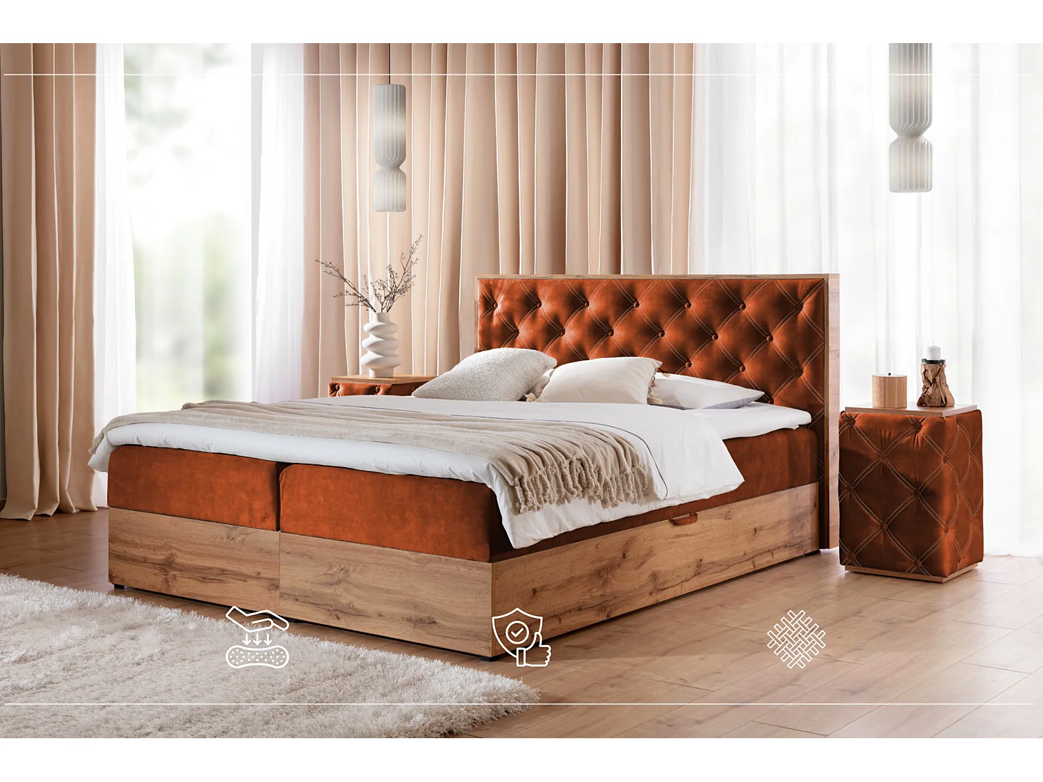 LIT BOXSPRING avec tables de chevet Werdum Set 200x200 cm, Brique (Torre 8)