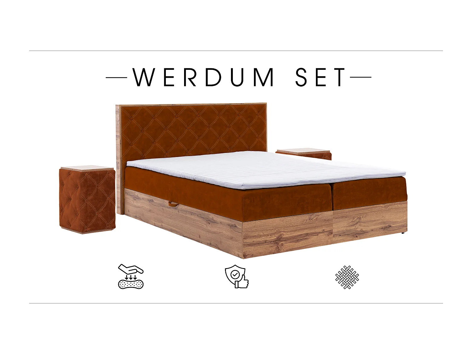 LIT BOXSPRING avec tables de chevet Werdum Set 200x200 cm, Brique (Torre 8)