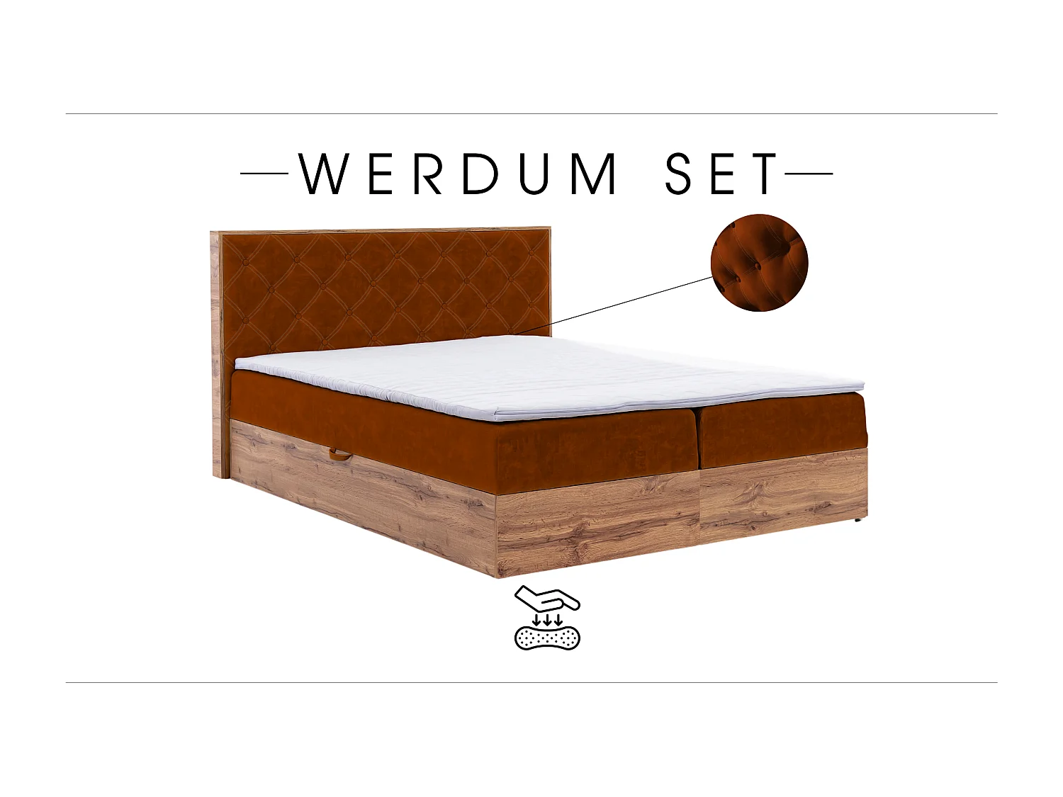LIT BOXSPRING avec tables de chevet Werdum Set 200x200 cm, Brique (Torre 8)