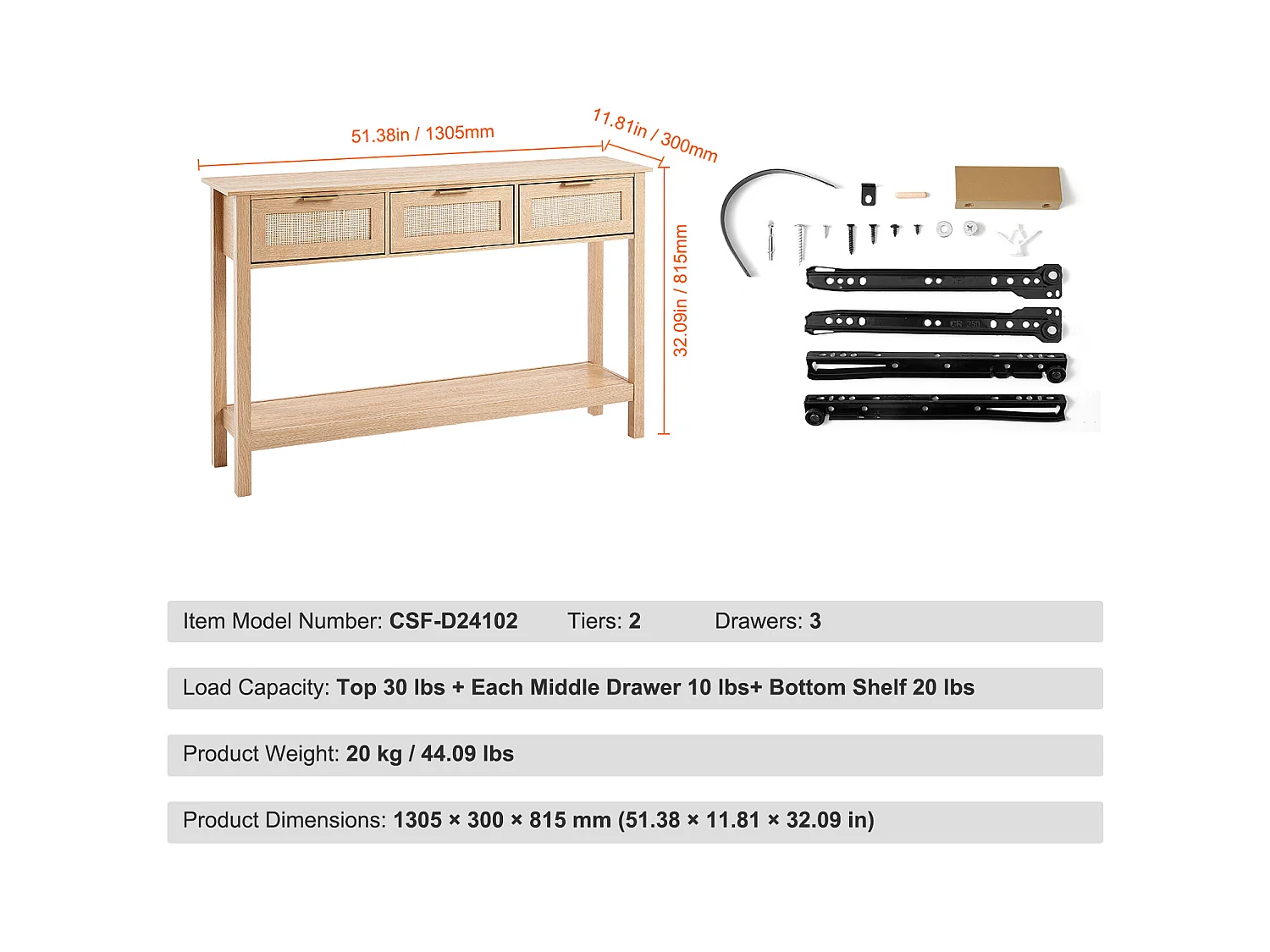 Table Console SucceBuy en Routine avec 3 Tiroirs et Porte Coulissante, Finition Naturelle