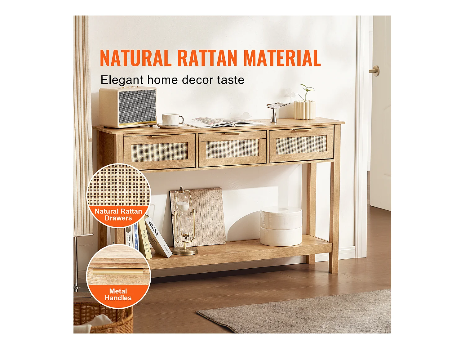 Table Console SucceBuy en Routine avec 3 Tiroirs et Porte Coulissante, Finition Naturelle