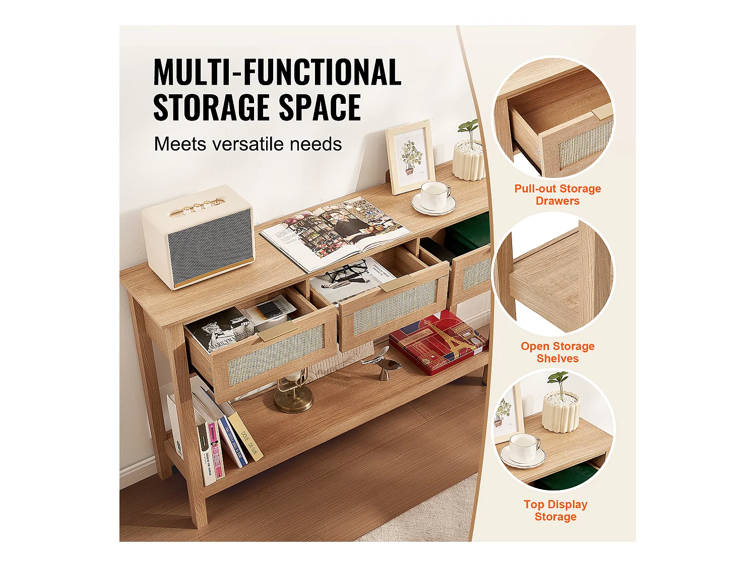 Table Console SucceBuy en Routine avec 3 Tiroirs et Porte Coulissante, Finition Naturelle