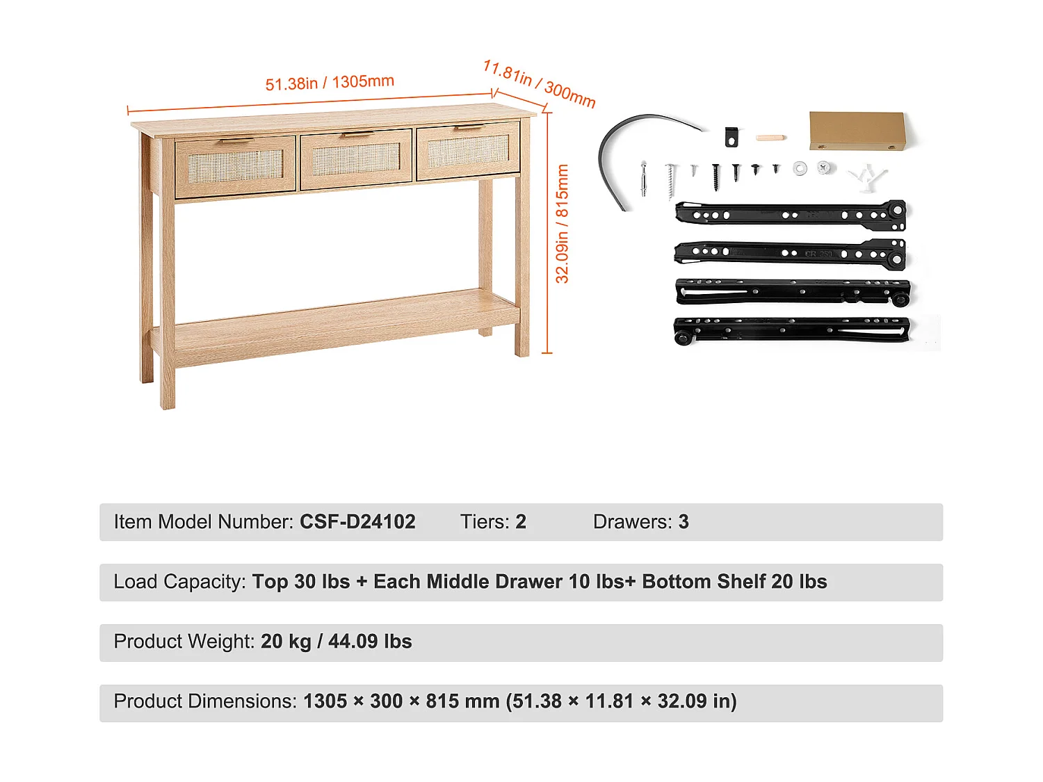 Table Console SucceBuy en Routine avec 3 Tiroirs et Porte Coulissante, Finition Naturelle