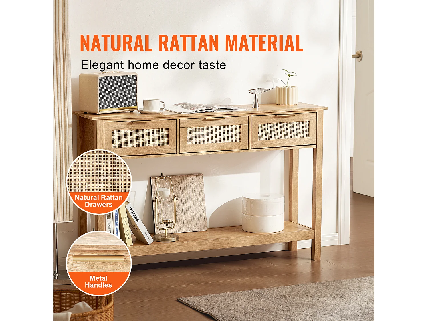 Table Console SucceBuy en Routine avec 3 Tiroirs et Porte Coulissante, Finition Naturelle