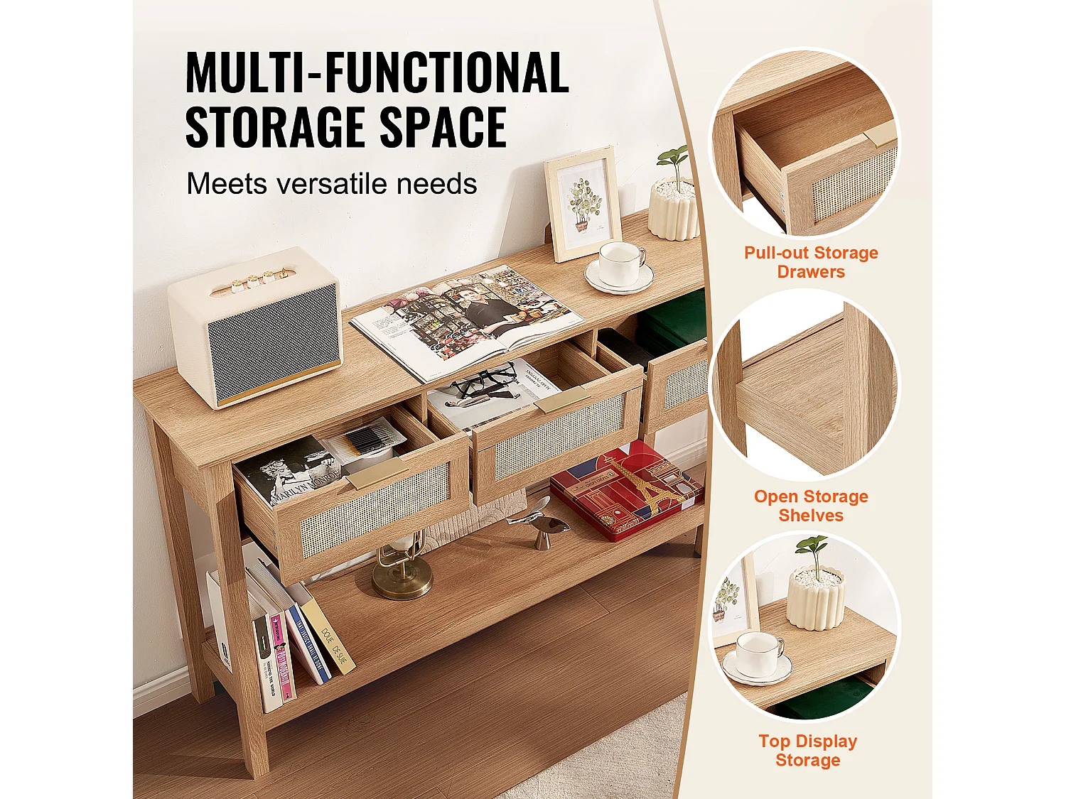 Table Console SucceBuy en Routine avec 3 Tiroirs et Porte Coulissante, Finition Naturelle