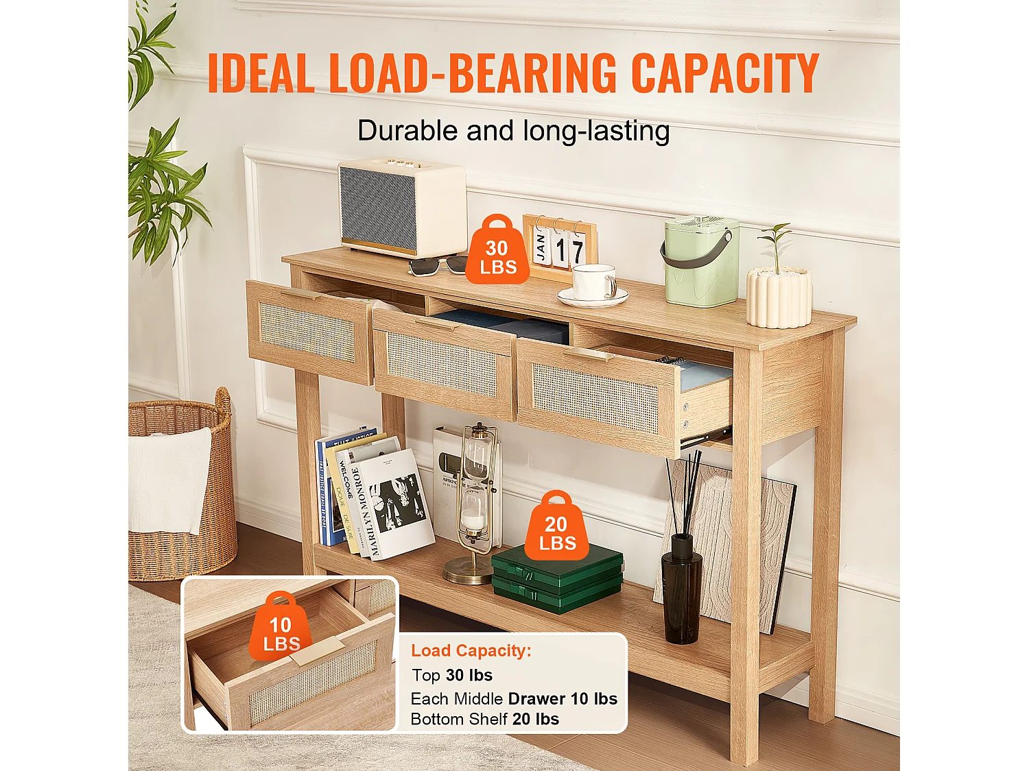 Table Console SucceBuy en Routine avec 3 Tiroirs et Porte Coulissante, Finition Naturelle