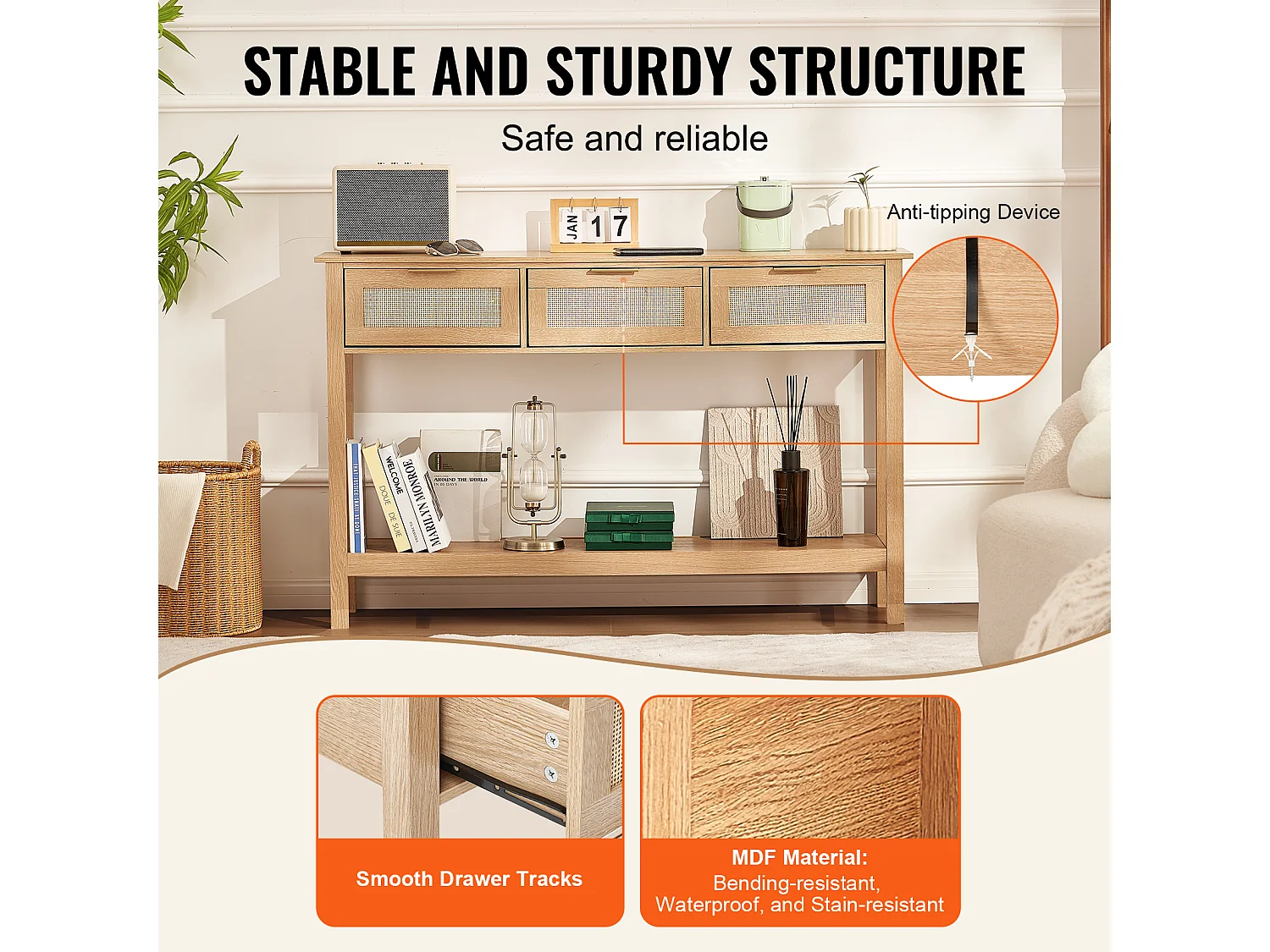 Table Console SucceBuy en Routine avec 3 Tiroirs et Porte Coulissante, Finition Naturelle