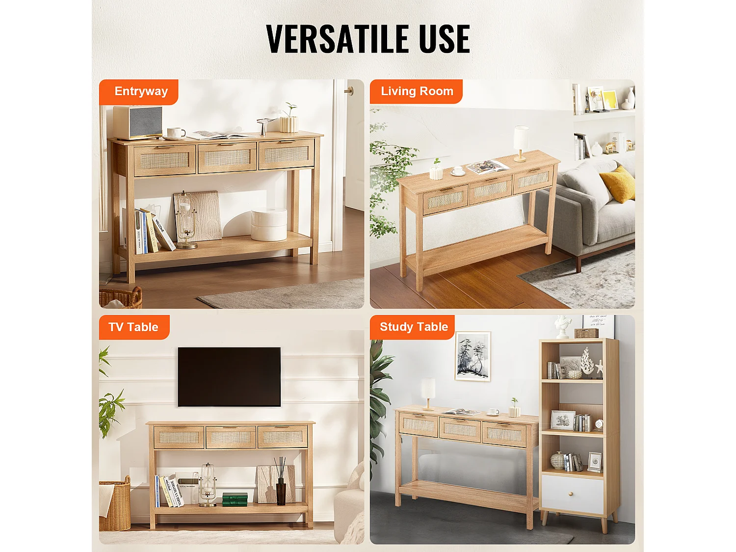 Table Console SucceBuy en Routine avec 3 Tiroirs et Porte Coulissante, Finition Naturelle