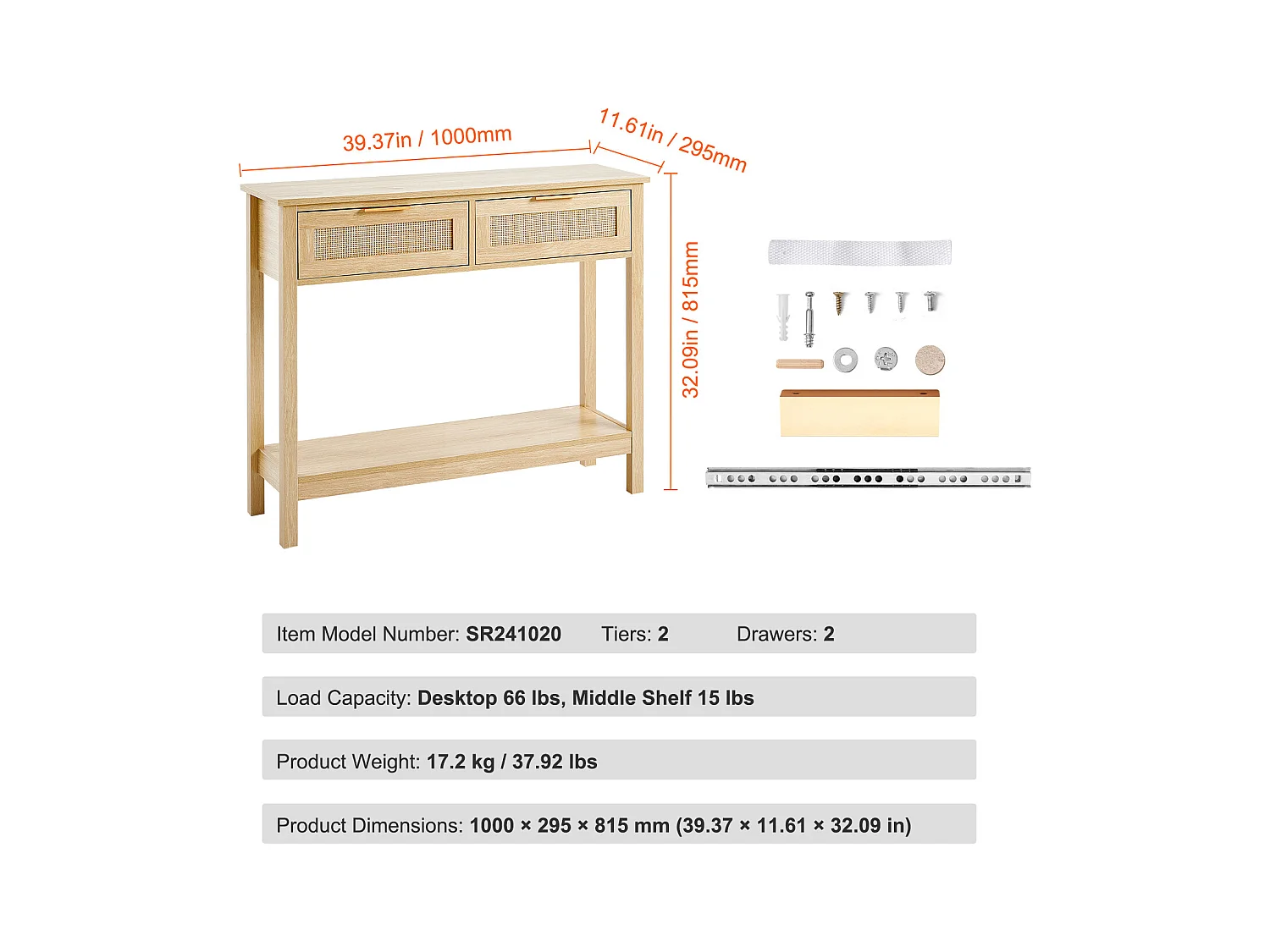 Rattanowy Stolik Konsolowy SucceBuy z 2 Szufladami i Drzwiami Przesuwnymi, Wykończenie Naturalne