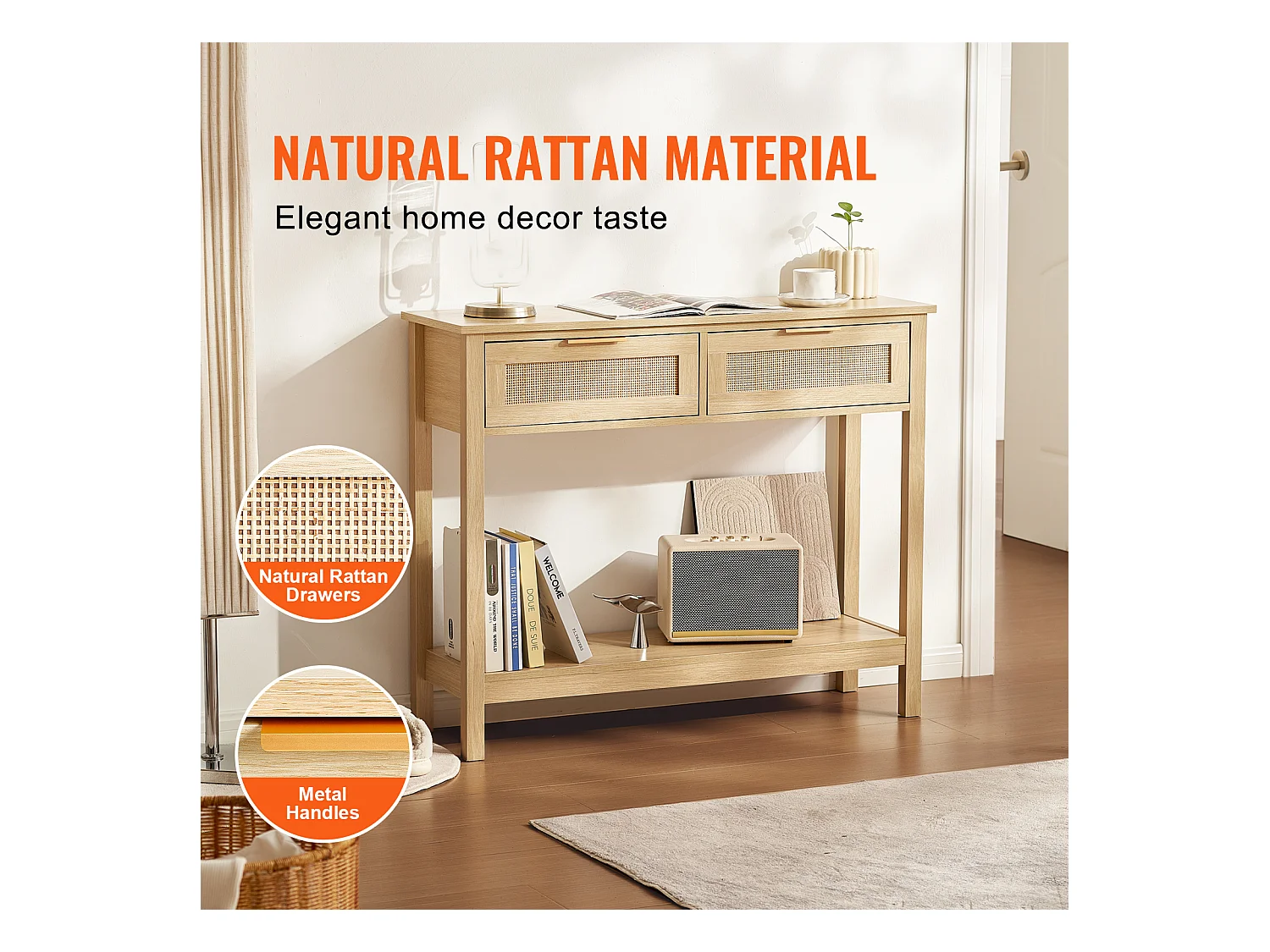 Rattanowy Stolik Konsolowy SucceBuy z 2 Szufladami i Drzwiami Przesuwnymi, Wykończenie Naturalne