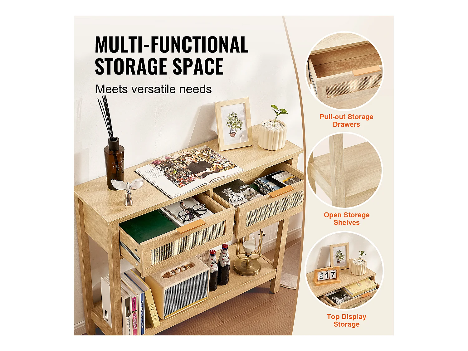 Rattanowy Stolik Konsolowy SucceBuy z 2 Szufladami i Drzwiami Przesuwnymi, Wykończenie Naturalne