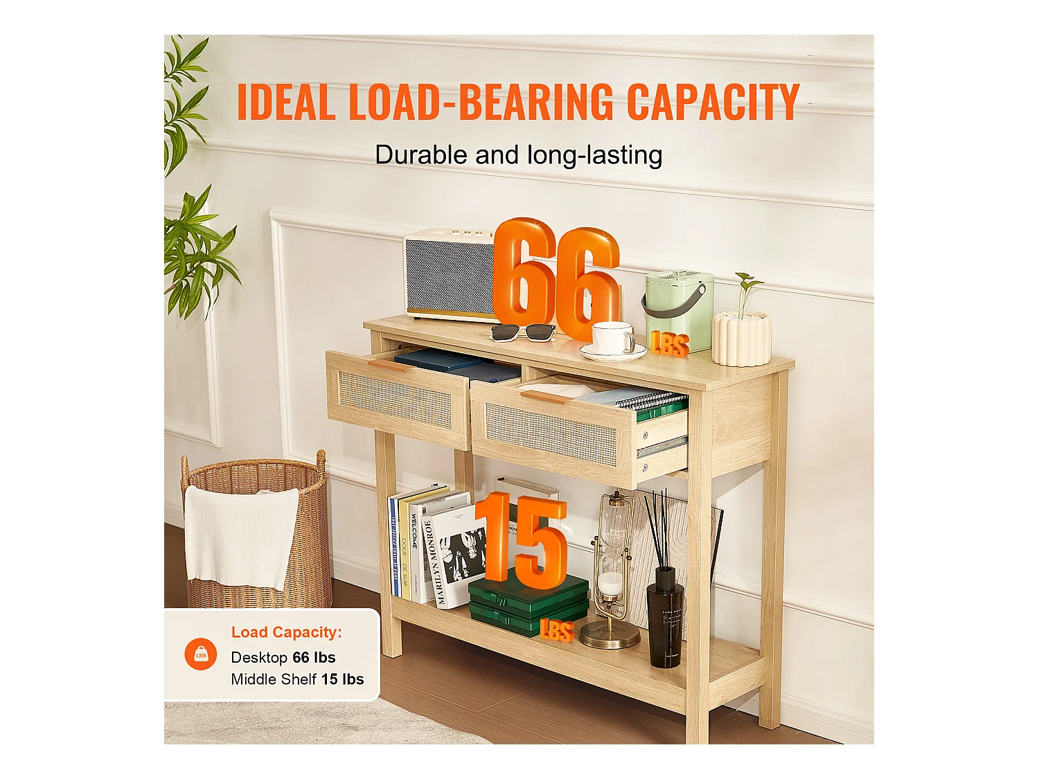 Rattanowy Stolik Konsolowy SucceBuy z 2 Szufladami i Drzwiami Przesuwnymi, Wykończenie Naturalne