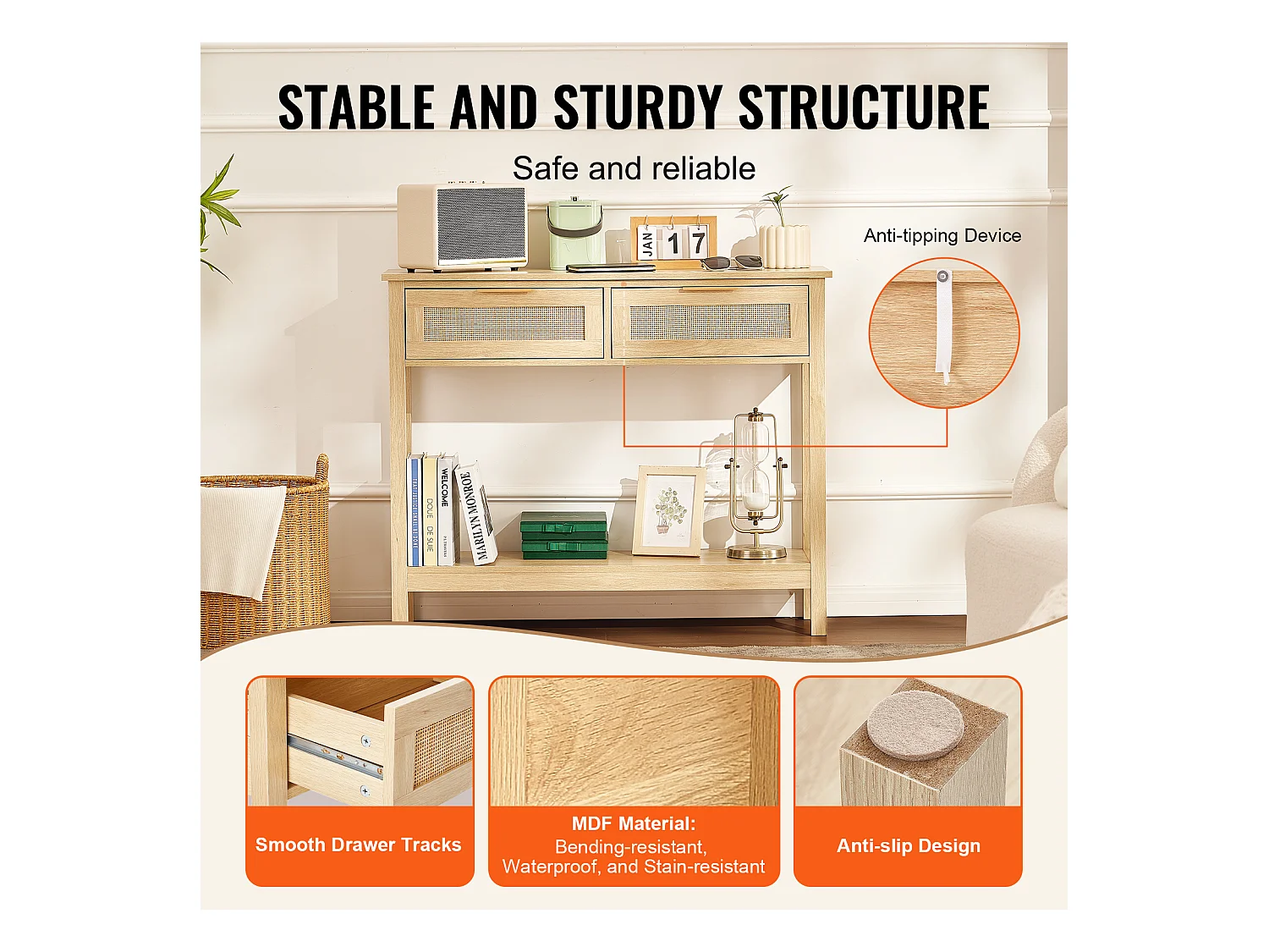 Rattanowy Stolik Konsolowy SucceBuy z 2 Szufladami i Drzwiami Przesuwnymi, Wykończenie Naturalne