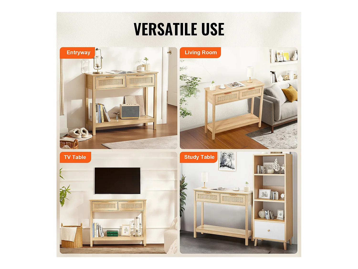 Rattanowy Stolik Konsolowy SucceBuy z 2 Szufladami i Drzwiami Przesuwnymi, Wykończenie Naturalne