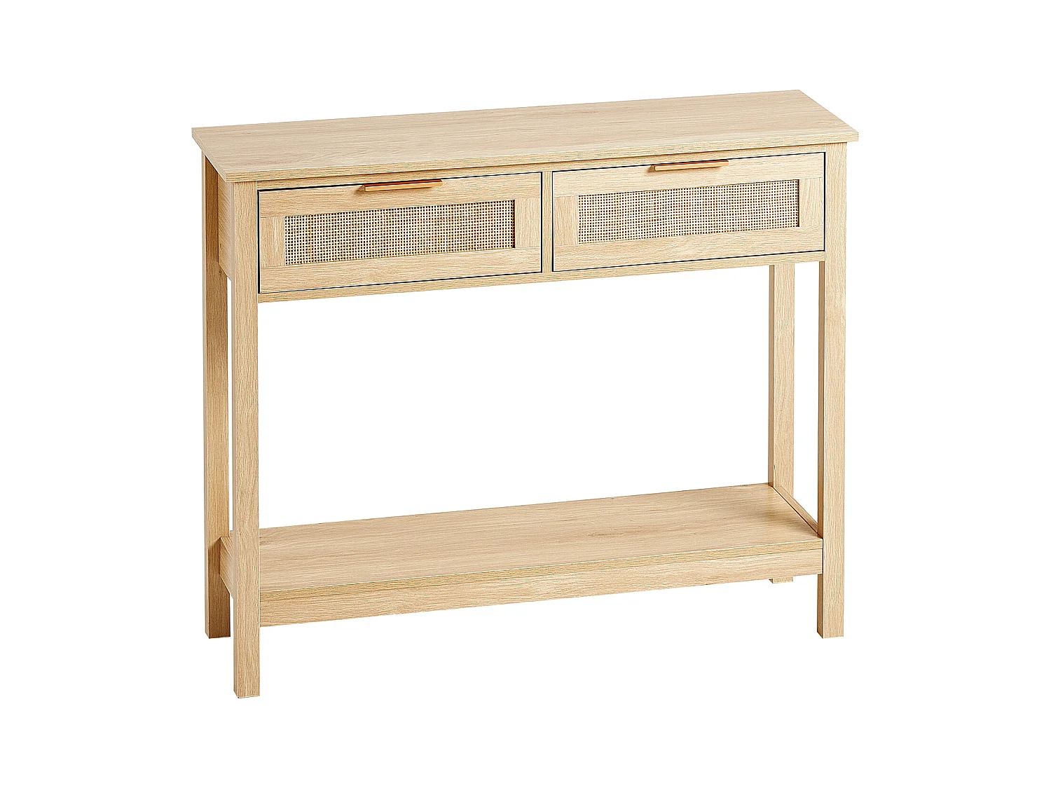 Rattanowy Stolik Konsolowy SucceBuy z 2 Szufladami i Drzwiami Przesuwnymi, Wykończenie Naturalne