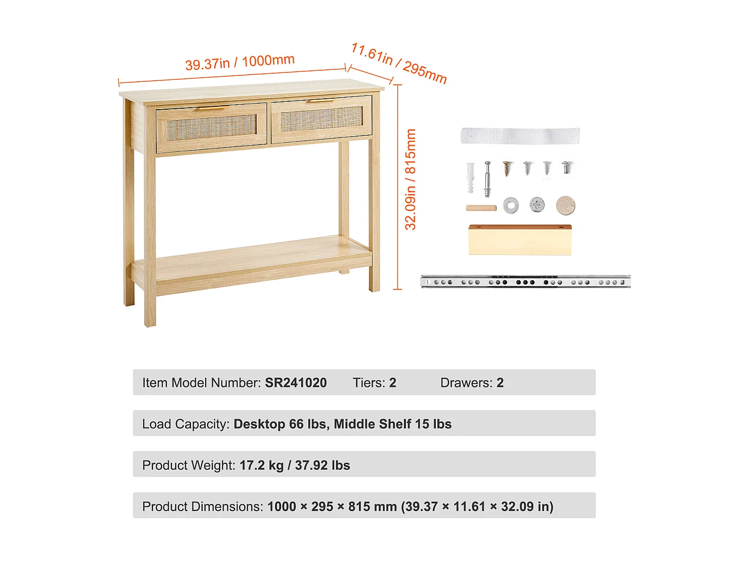 Table Console SucceBuy en Rotin avec 2 Tiroirs et Porte Coulissante, Finition Naturelle