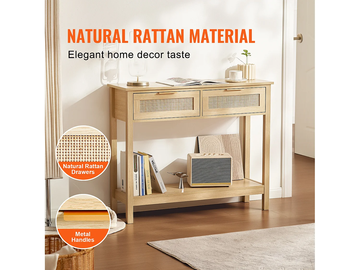 Table Console SucceBuy en Rotin avec 2 Tiroirs et Porte Coulissante, Finition Naturelle