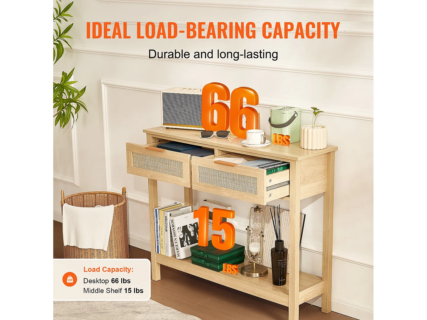 Table Console SucceBuy en Rotin avec 2 Tiroirs et Porte Coulissante, Finition Naturelle