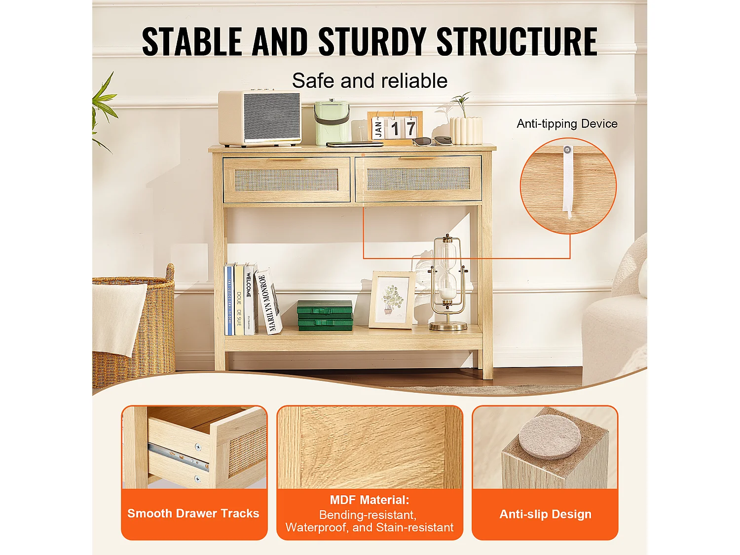 Table Console SucceBuy en Rotin avec 2 Tiroirs et Porte Coulissante, Finition Naturelle