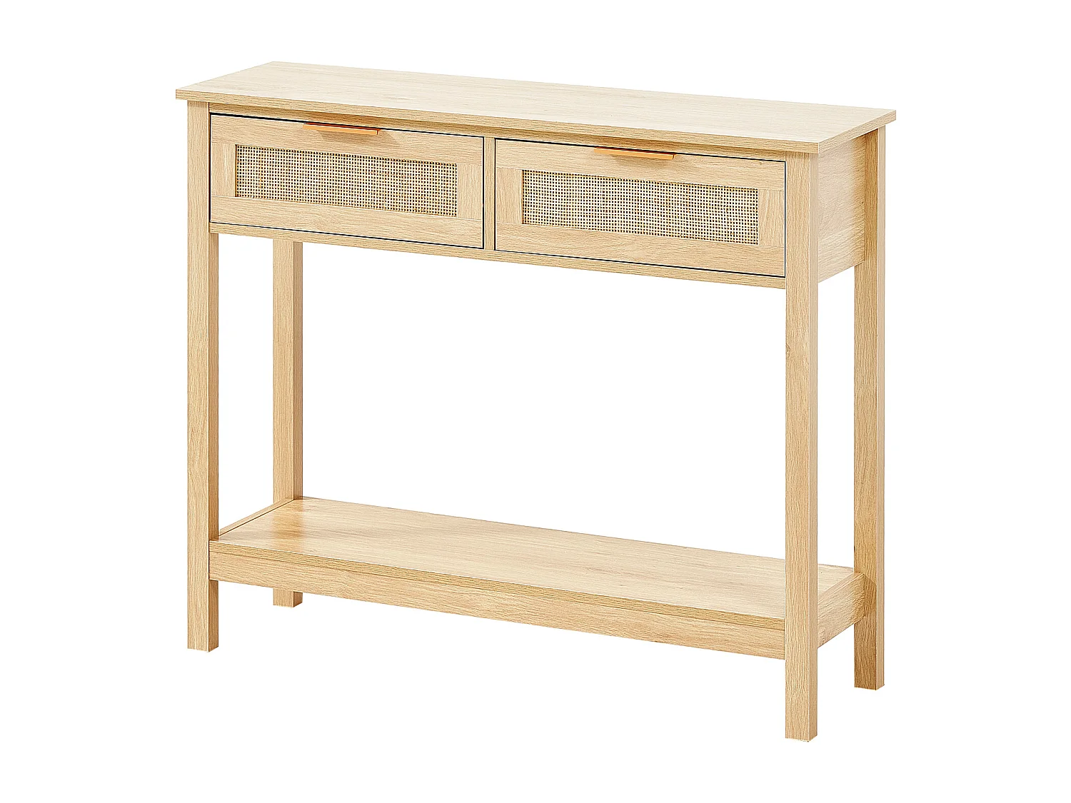 Table Console SucceBuy en Rotin avec 2 Tiroirs et Porte Coulissante, Finition Naturelle