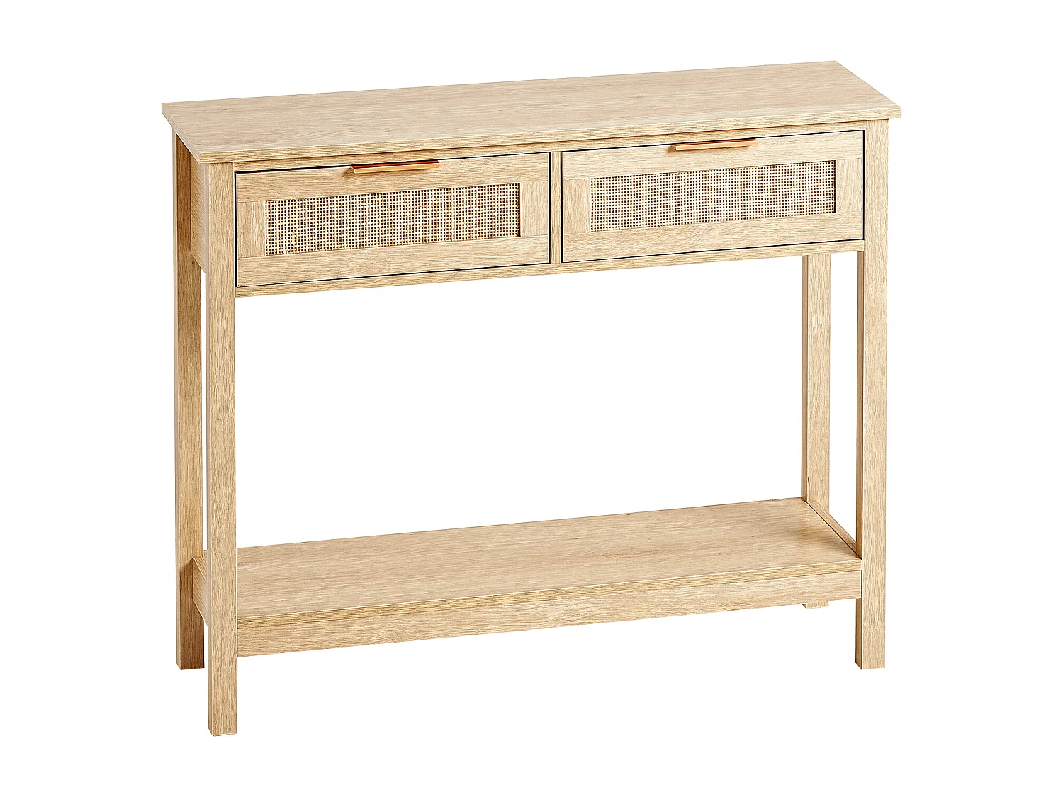 Table Console SucceBuy en Rotin avec 2 Tiroirs et Porte Coulissante, Finition Naturelle
