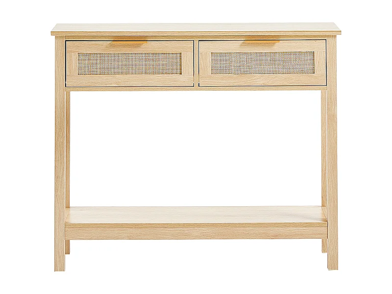Tavolo Consolle SucceBuy in Rattan con 2 Cassetti e Porta Scorrevole, Finitura Naturale