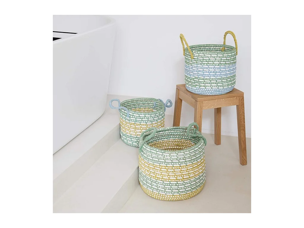 Habitat - Lot de 3 paniers de rangement en rotin et coton - Multicolore - Agrid