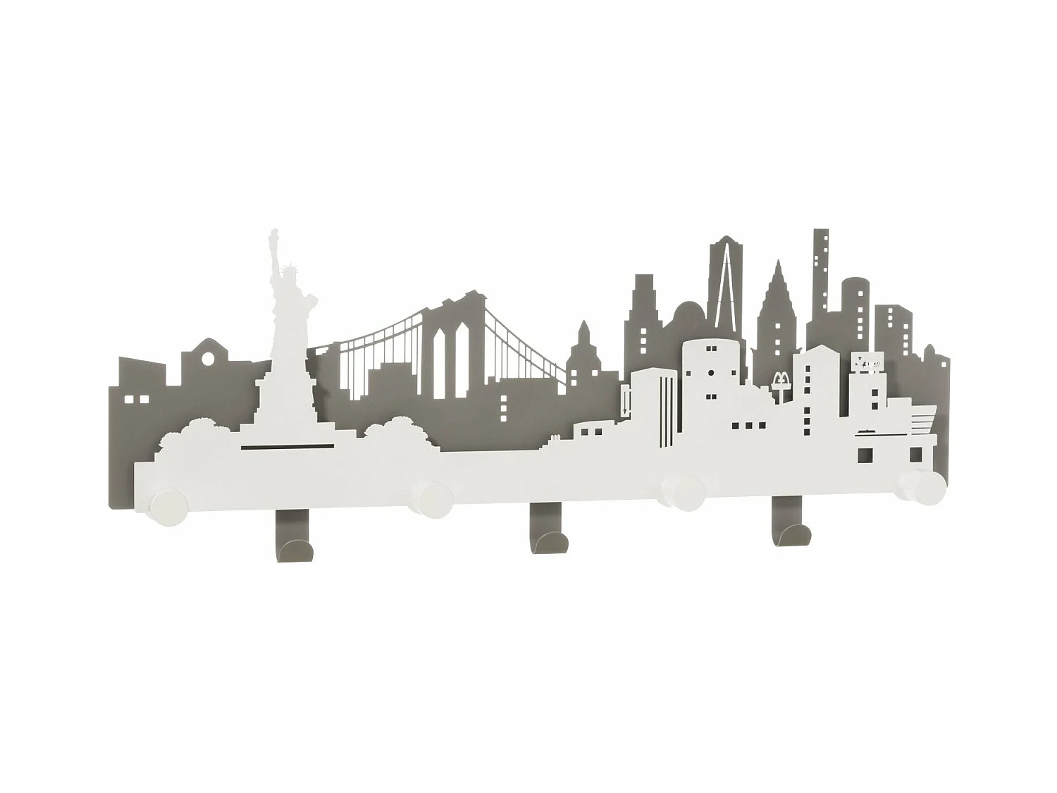 Appendiabiti da parete N.Y.C. skyline 78x30 cm in ferro con pomelli in legno, Design urbano moderno, ideale per ingresso o cameretta, Made in Italy