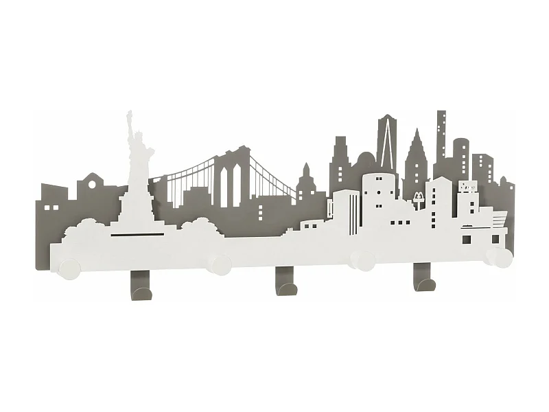 Portemanteau mural N.Y.C. skyline 78x30 cm en fer avec boutons bois, design urbain moderne, entrée ou chambre, Made in Italy
