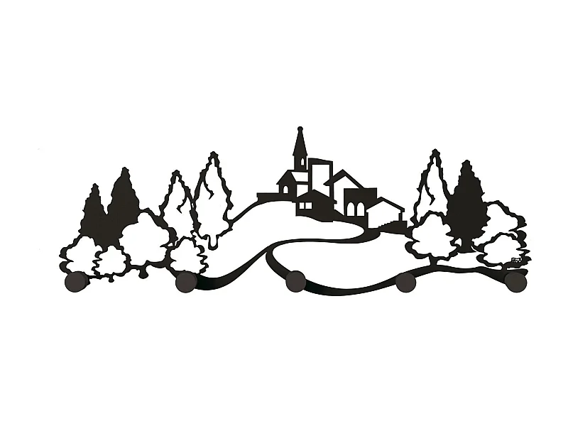 Cintre mural paysage 75x25 cm en fer et bois, design moderne pour entrée, bureau ou chambre, gain de place, Made in Italy