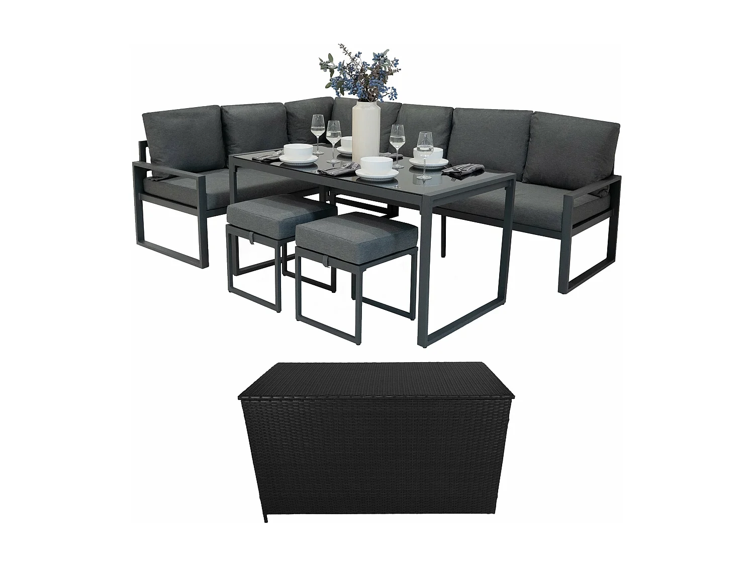 Set Sofa Esquinero de aluminio Antracita 7 plazas + Caja de Almacenamiento en Ratán negro 582L