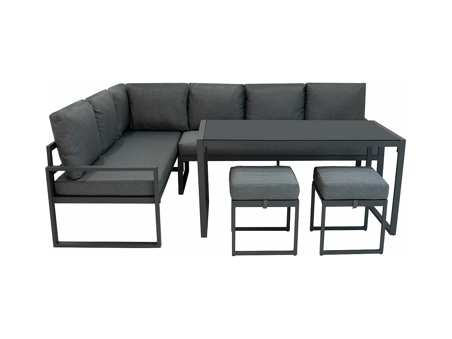 Set Sofa Esquinero de aluminio Antracita 7 plazas + Caja de Almacenamiento en Ratán negro 582L