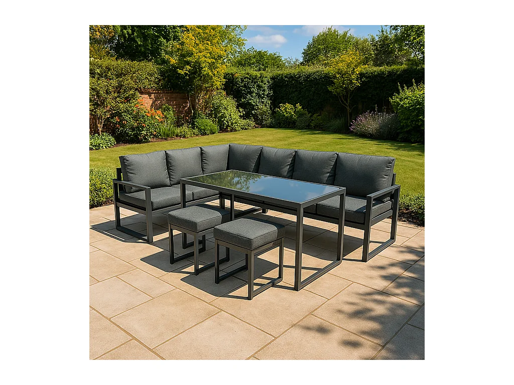 Set Sofa Esquinero de aluminio Antracita 7 plazas + Caja de Almacenamiento en Ratán negro 582L