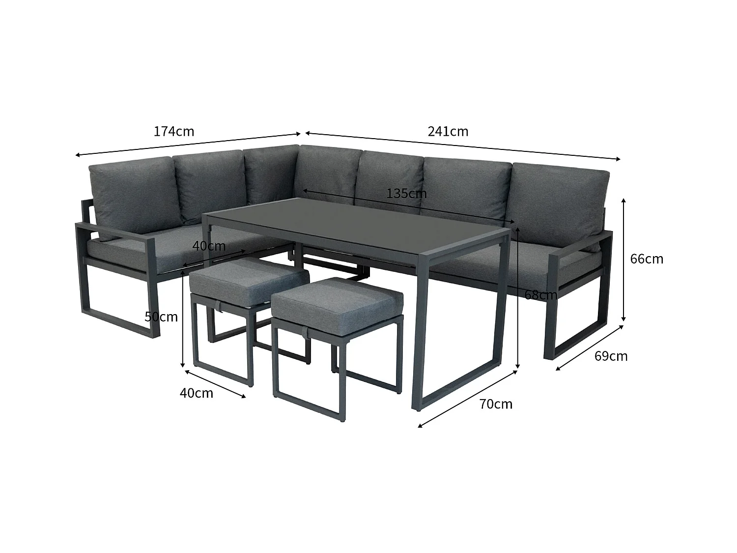 Set Sofa Esquinero de aluminio Antracita 7 plazas + Caja de Almacenamiento en Ratán negro 582L