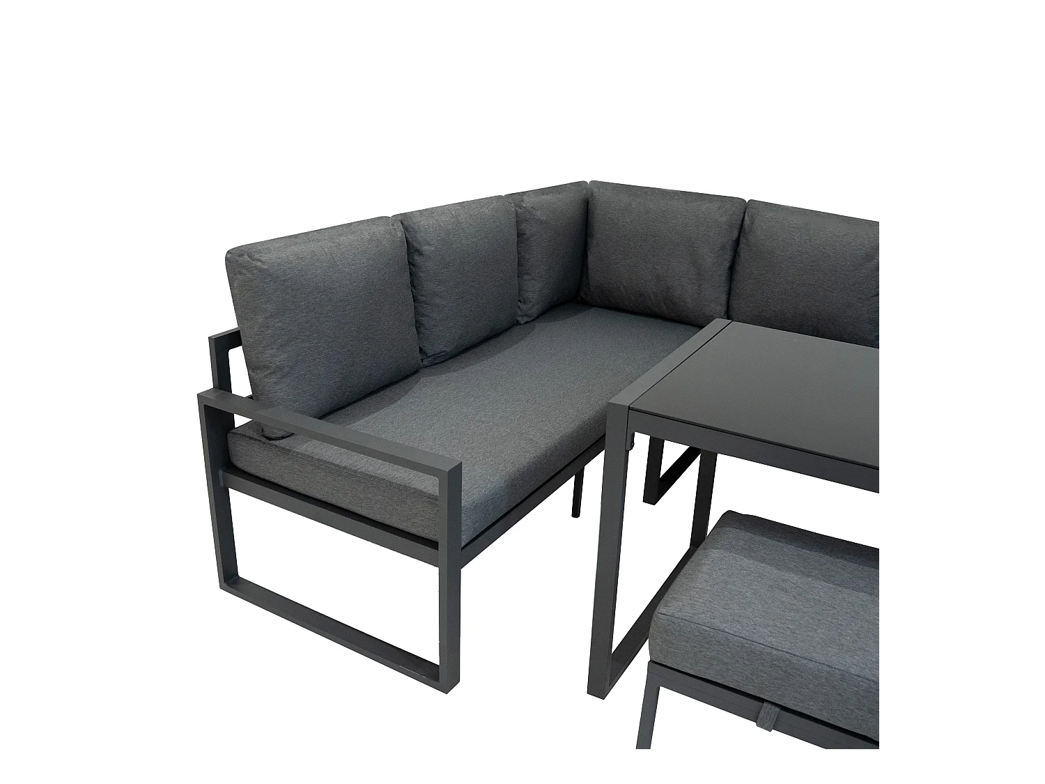Set Sofa Esquinero de aluminio Antracita 7 plazas + Caja de Almacenamiento en Ratán negro 582L