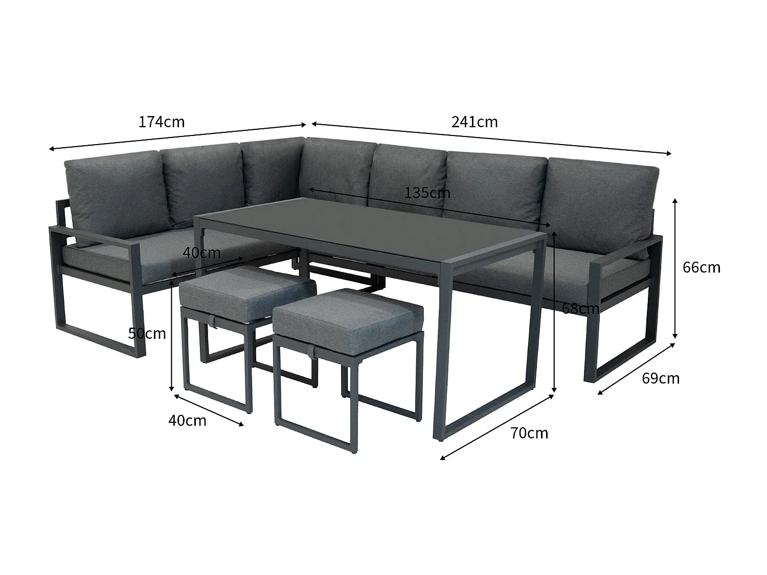 Salon de Jardin en Aluminium Gris & Coffre de Rangement 582 L en Rotin Noir 7 Places Canapé Table à Manger [Housse de Pluie INCLUS]