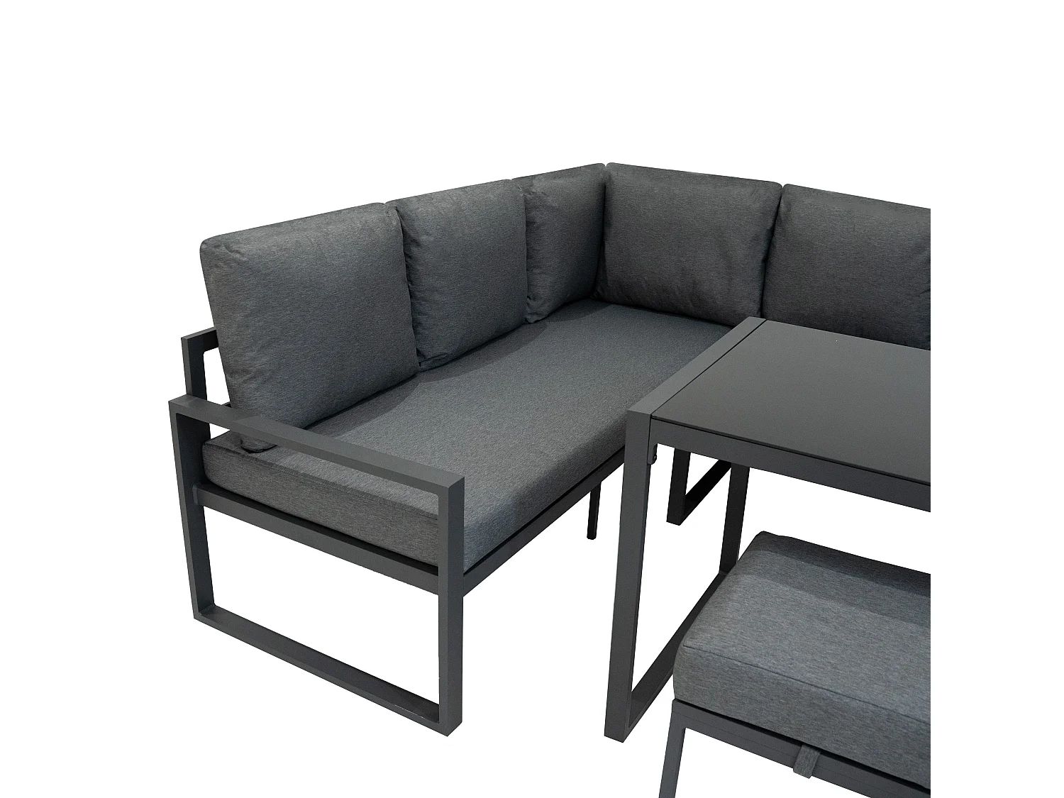 Salon de Jardin en Aluminium Gris & Coffre de Rangement 582 L en Rotin Noir 7 Places Canapé Table à Manger [Housse de Pluie INCLUS]