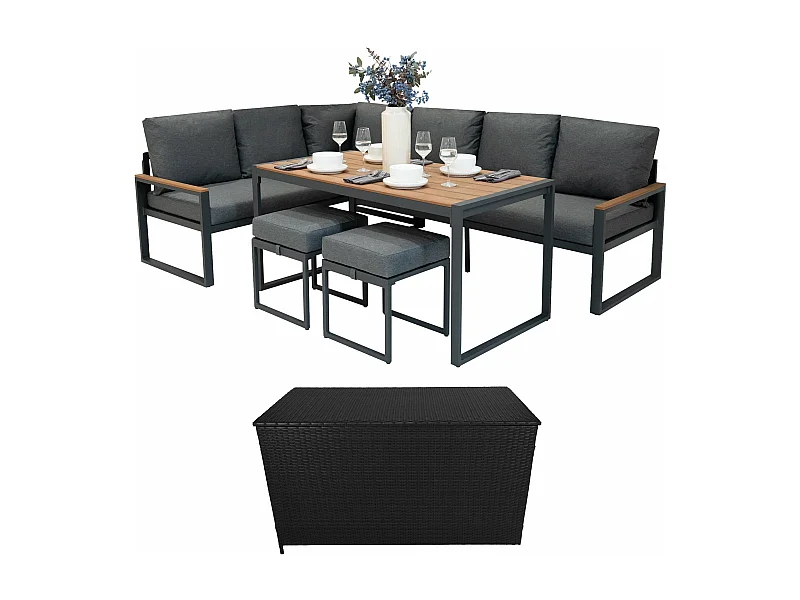 Salon de Jardin en Aluminium Effet Bois & Coffre de Rangement 582 L en Rotin Noir 7 Places Table à Manger [Housse de Pluie INCLUS]