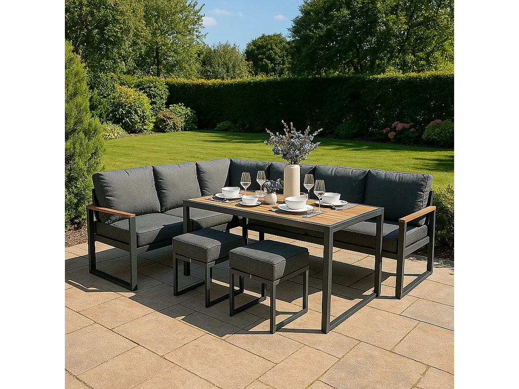 Gartenmöbel Set Holzeffekt Aluminium mit Rattan Aufbewahrungsbox Schwarz