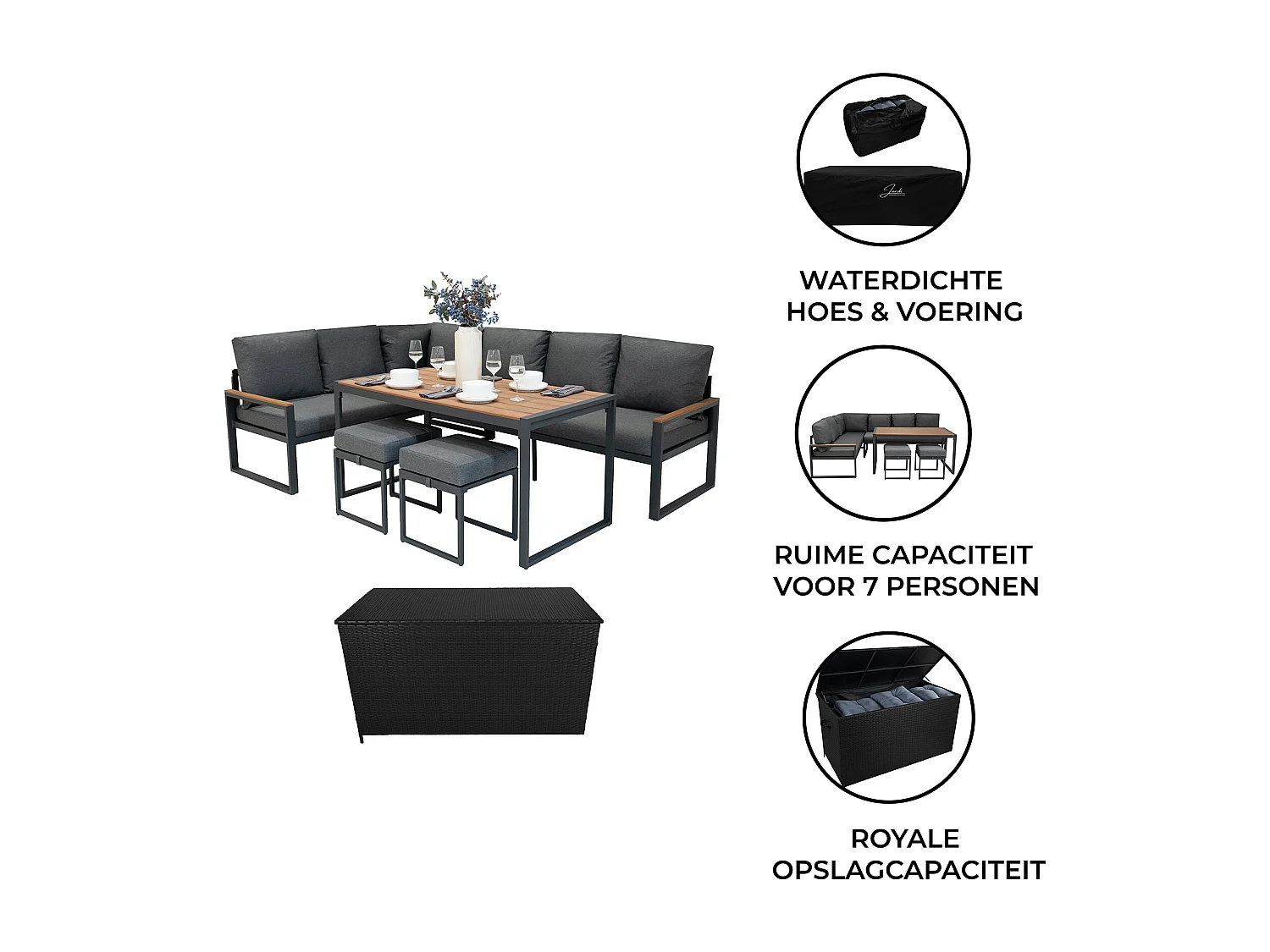 Gartenmöbel Set Holzeffekt Aluminium mit Rattan Aufbewahrungsbox Schwarz